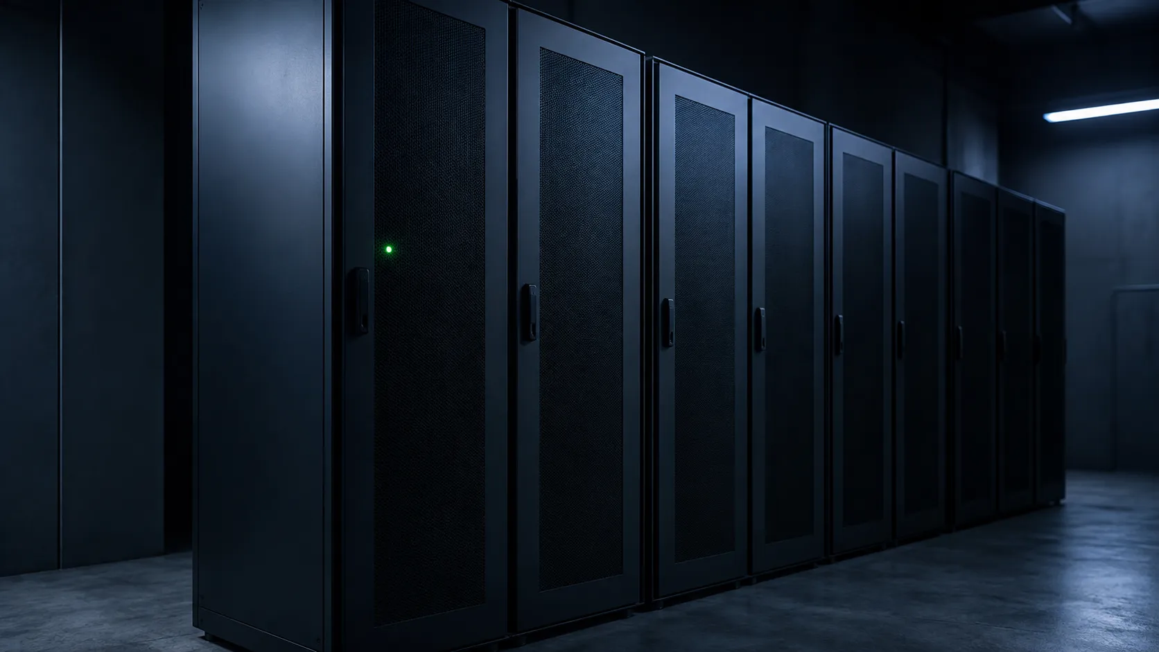 A row of server cabinets in an equipment room