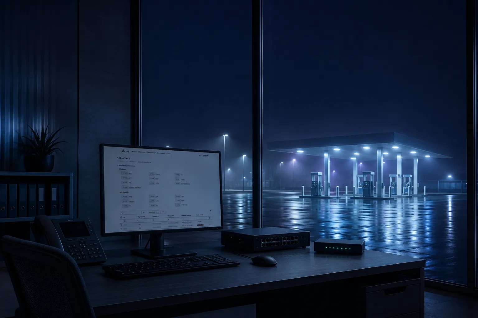 A workstation overlooking a fuel station at night