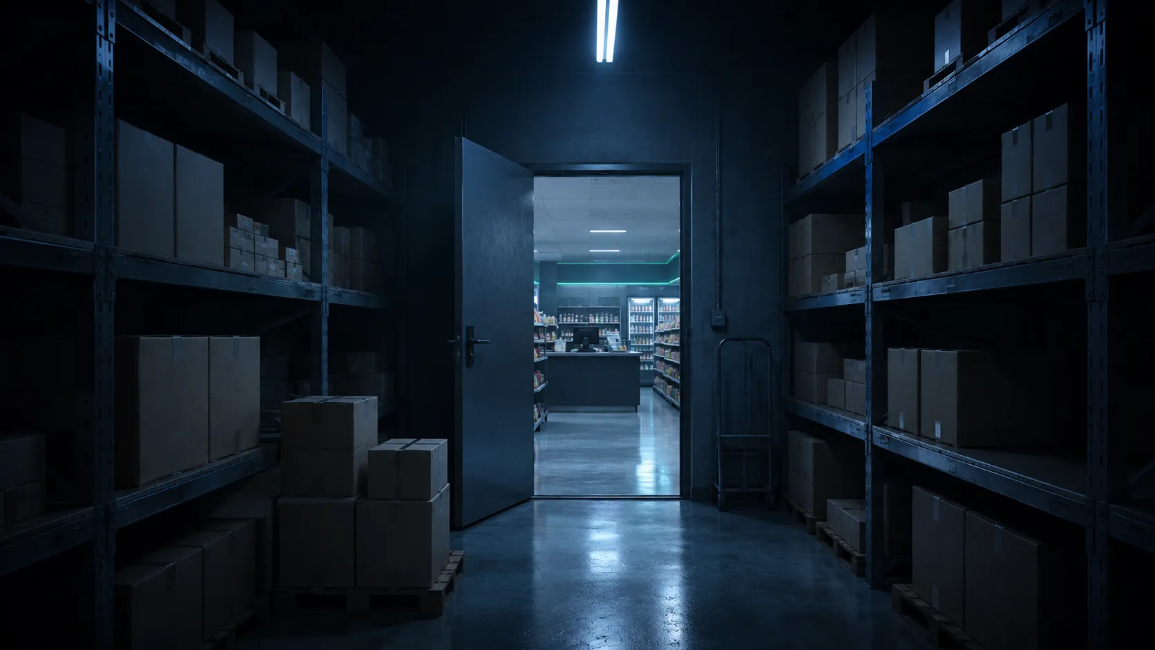 A store stockroom with goods on the shelves