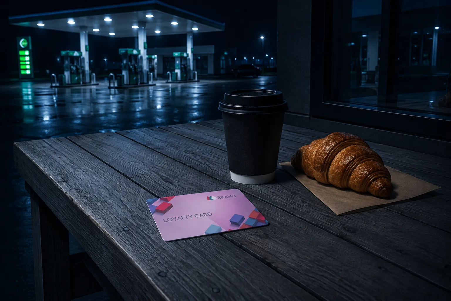 A loyalty card on a table with coffee and a pastry