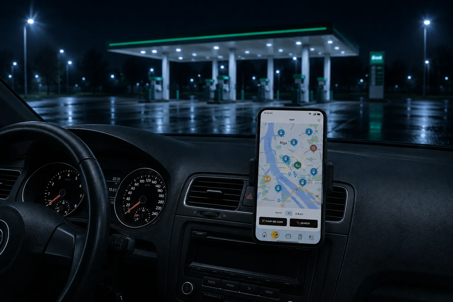 A phone running the app in a car at a fuel station
