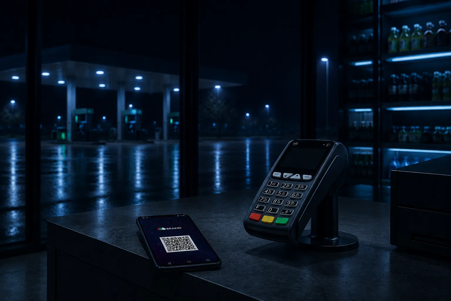 A payment terminal and a phone with a QR code on a counter
