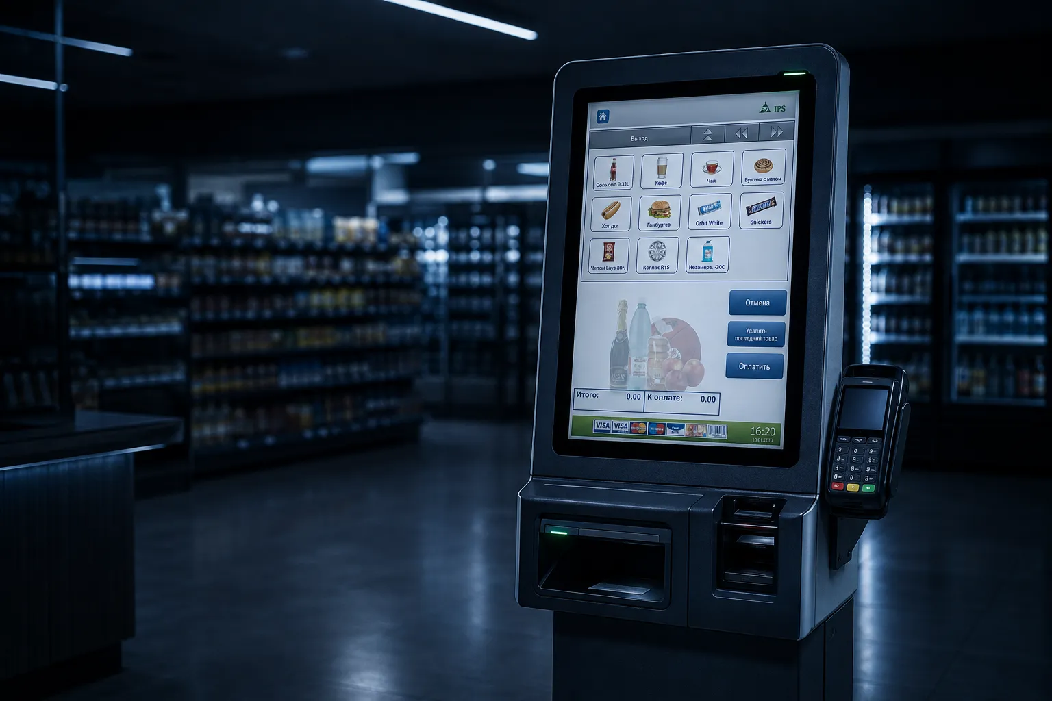 A self-checkout counter in a store at night